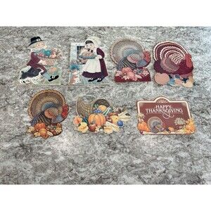 7 Vintage Hallmark THANKSGIVING Cardboard Cutouts Die Cut Pilgrims Pumpkins